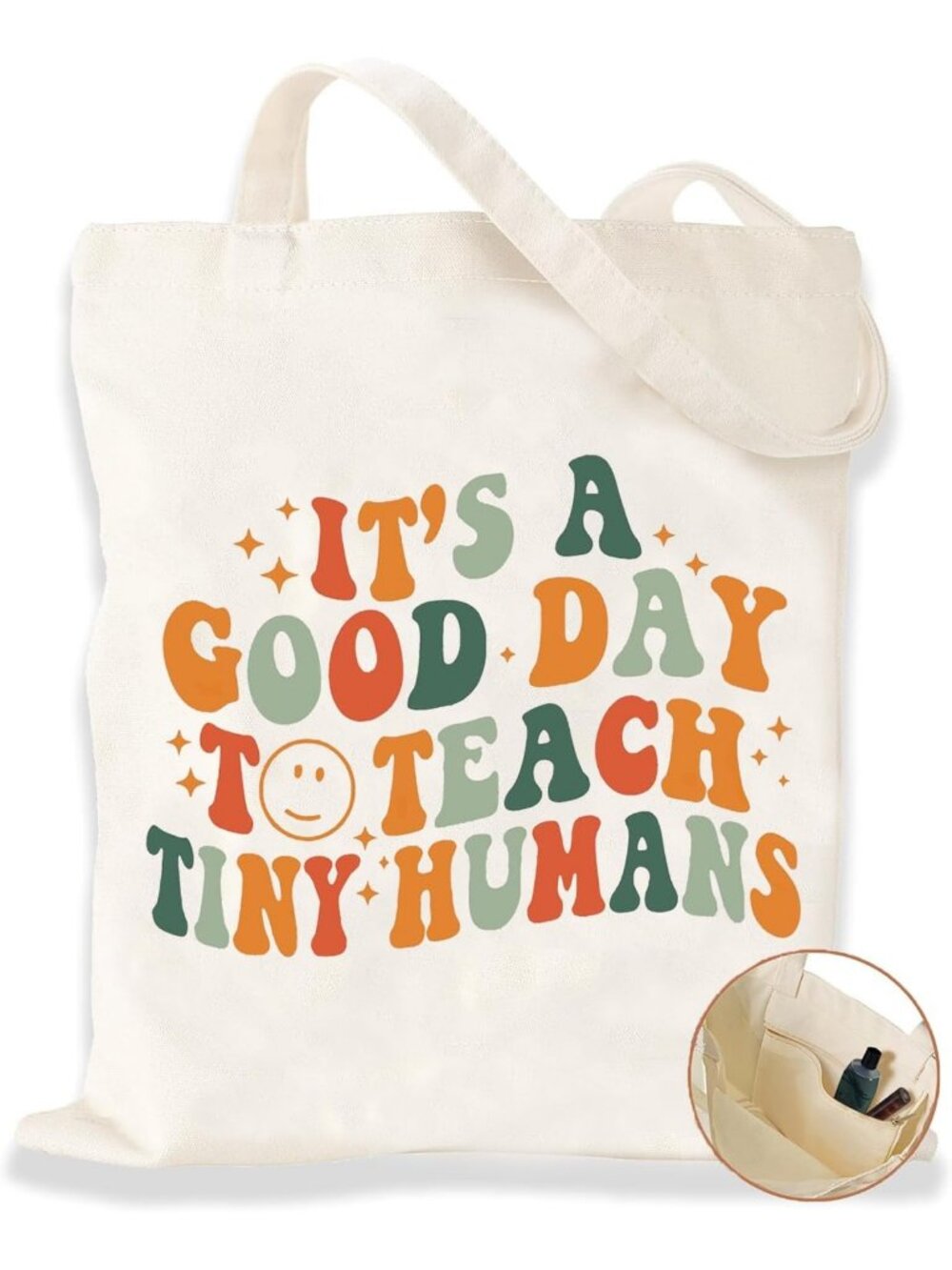 🎃Aesthetic Canvas Tote Bag with Inner Pocket Cotton Bag White Orange Teacher